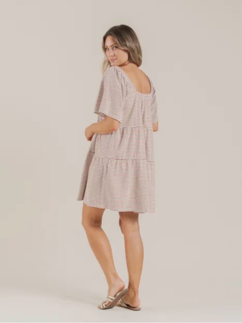 Rylee + Cru Striped Agnes Dress in Cream and Brown, L